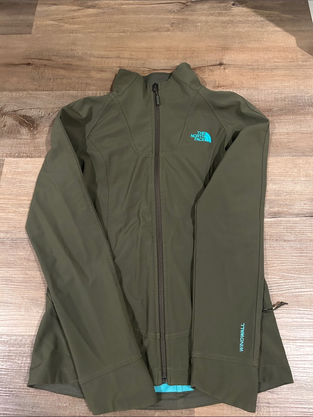 The North Face Olive Green Softshell Jacket with Teal Logo
